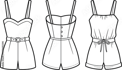 Women's Romper Playsuit CAD Drawing Flat Vector Fashion Illustration Set, Belted, Button Front, Drawstring.