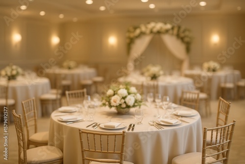 Elegant Wedding Reception with Floral Centerpieces and Soft Lighting in Luxurious Banquet Hall for a Romantic Celebration and Memorable Event Decoration