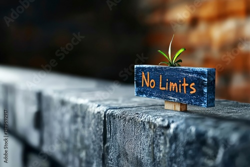 No Limits sign with sprout: Symbol of growth, resilience, and ambition. A small plant sprouts atop sign that reads 