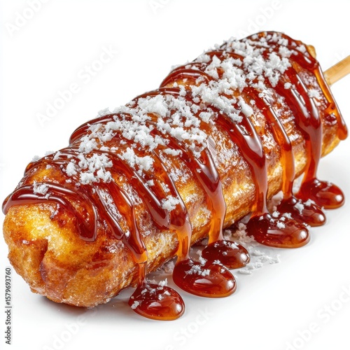 Delicious Deep Fried Twinkie on a Stick with Caramel Sauce and Powdered Sugar, Isolated on White Background, Fair Food Treat, Sweet Dessert, Close Up Shot