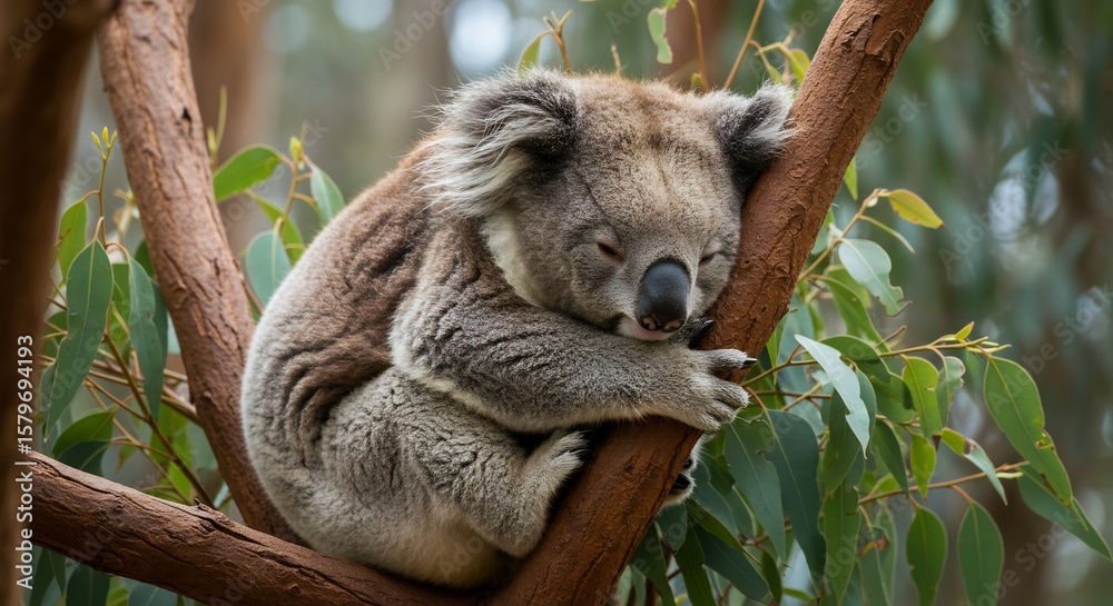 Fototapeta premium Peaceful Koala Gently Sleeping Eucalyptus Tree Soft Light. AI Generated