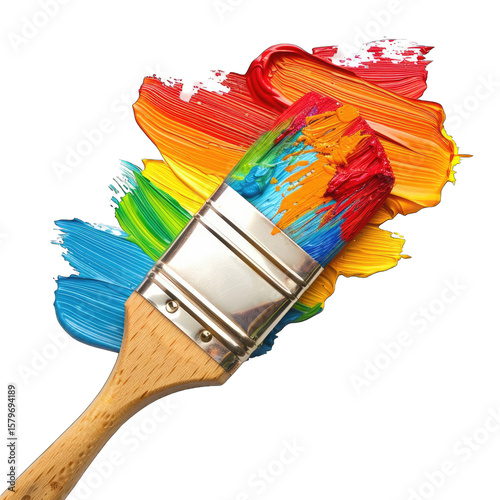 A paintbrush dipped in vibrant, multicolored paint, with streaks and splashes of color radiating outwards.  The brush's wooden handle and metal ferrule are clearly visible against the backdrop