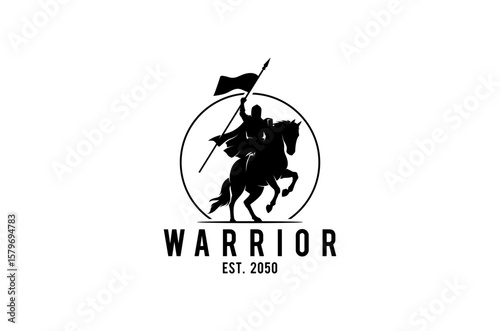 Greek empire guard logo, A striking silhouette logo of a warrior on horseback, holding a flag and spear.  Bold and powerful.