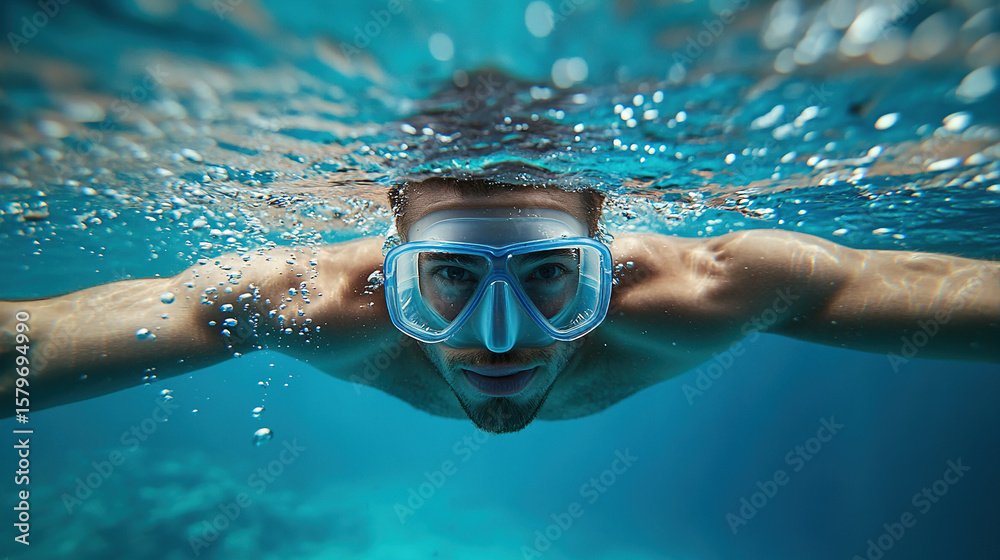 Naklejka premium A man is swimming in the ocean wearing a blue snorkel
