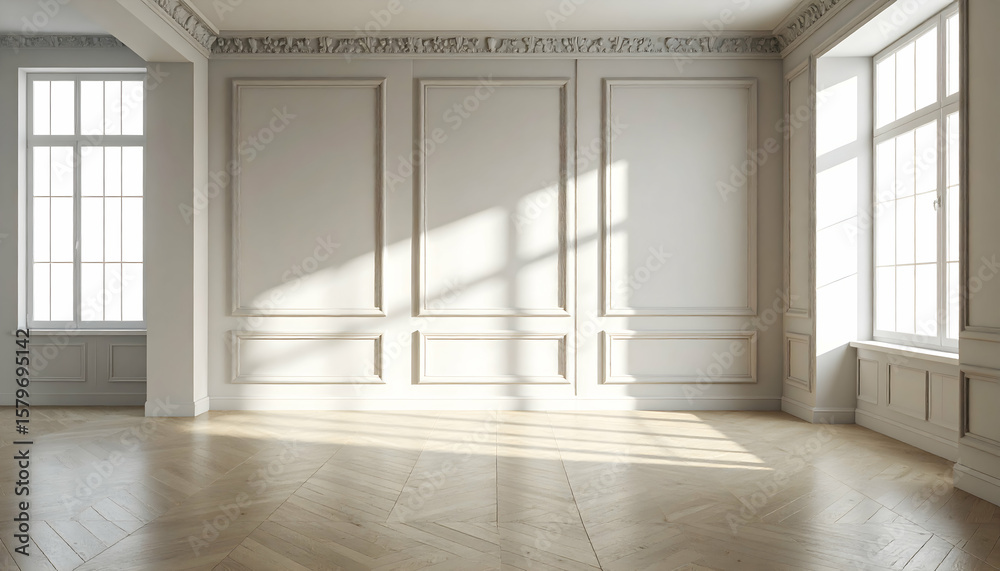 Fototapeta premium Bright Sunlight in an Elegant Empty Room with White Walls and Wood Floor