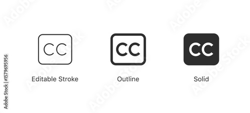 Closed caption icons CC sign icon. for video player interfaces, subtitles, accessibility features, media, and streaming platforms | in editable stroke, outline, and solid style icons