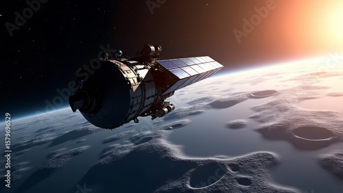 Space exploration probe above moon surface