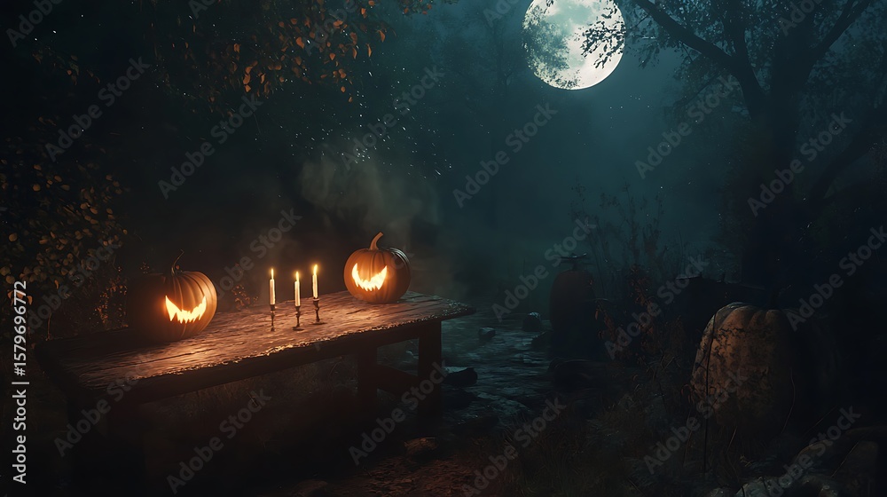 Fototapeta premium Mystical Halloween Scene with Jack-O-Lanterns and Moonlit Forest