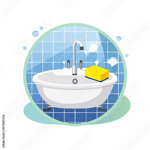 Bright vector animation of a bathroom being cleaned, with animated sponge scrubbing a sink and shining surfaces