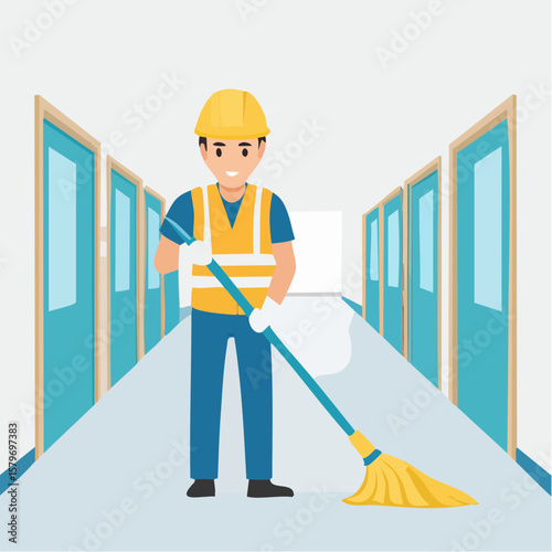 Flat vector animation of a janitor mopping the floor in a school hallway, wearing gloves and safety vest