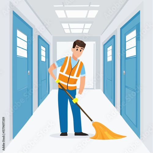 Flat vector animation of a janitor mopping the floor in a school hallway, wearing gloves and safety vest