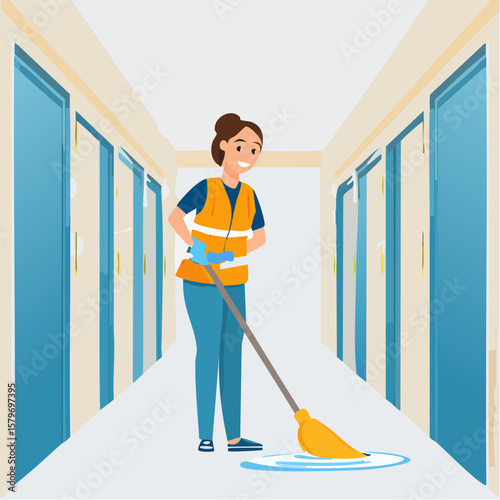 Flat vector animation of a janitor mopping the floor in a school hallway, wearing gloves and safety vest
