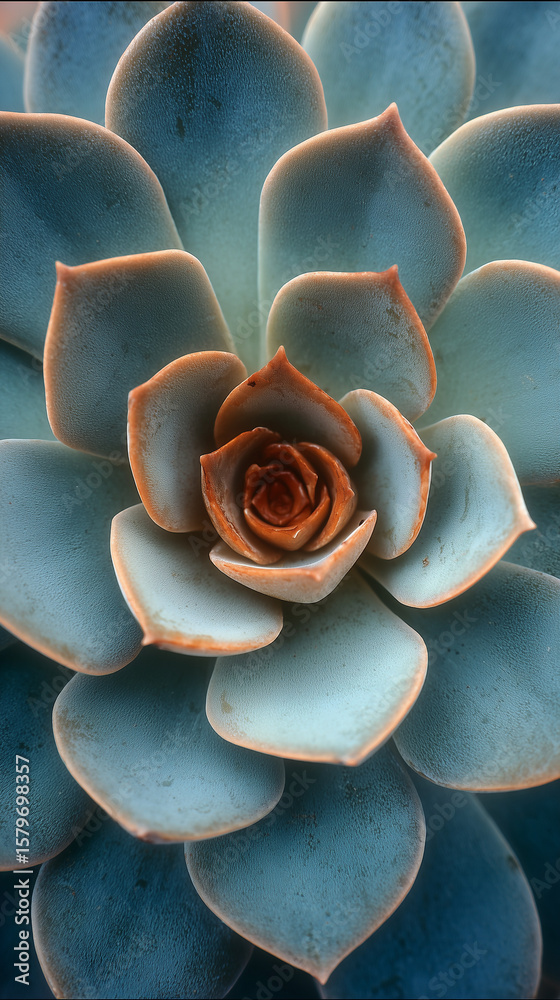 Obraz premium A close up of a succulent plant with blue green leaves and a rose like center in a soft light