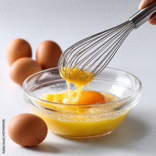 Whisking Eggs in a Glass Bowl with a Stainless Steel Whisk, Preparing for Baking or Cooking, Close-up of Egg Yolk and Whites, Fresh Brown Eggs on a White Background, Food Preparation, Culinary Arts
