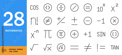 Mathematics icon set. Minimal vector symbols pack. Includes cos, sin, equations, calculator UI elements, circles, dots and more. Clean outline design. Editable stroke.