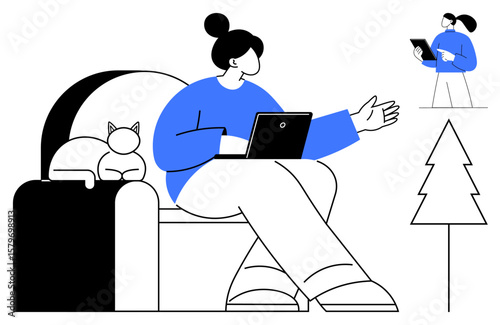 Woman sits on armchair with a laptop, cat resting next to her. Virtual meeting or online interaction shown, with tree adding minimal outdoor context. Ideal for remote work, communication, technology