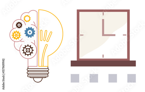 Light bulb with gears symbolizing innovation, paired with a clock representing time management. Ideal for creativity, productivity, efficiency, brainstorming, planning, innovation success. Simple