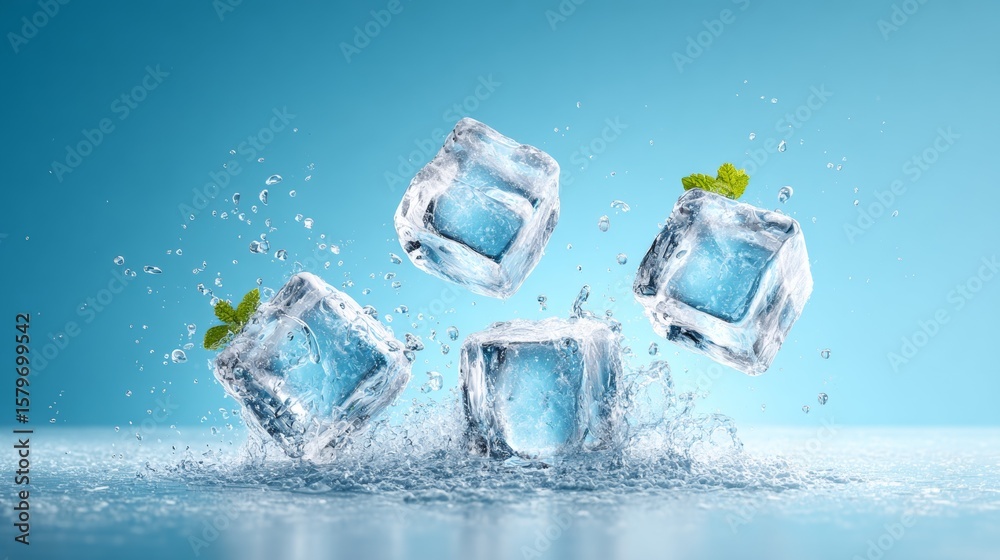 Fototapeta premium Beverage photography ice cubes creating a chilled atmosphere with water splashes