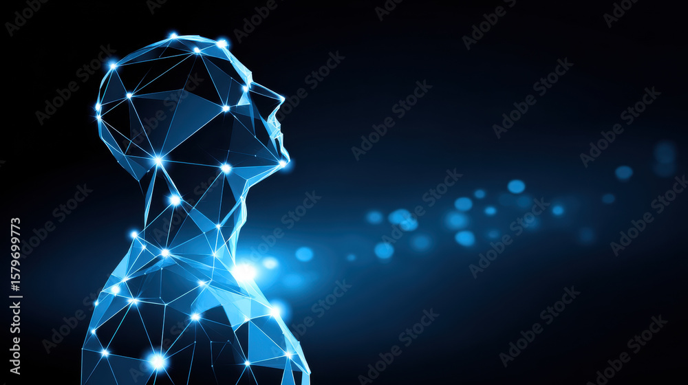 Naklejka premium Digital representation of human head and upper body created with glowing interconnected lines and points, symbolizing artificial intelligence and technological innovation
