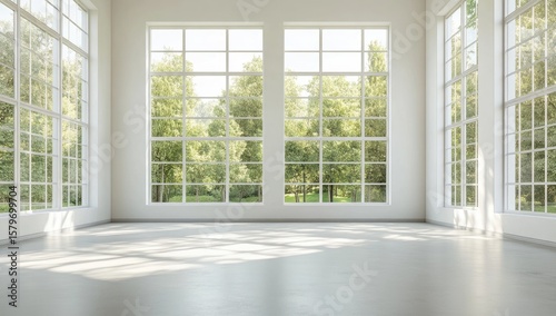 Empty room with large windows overlooking a lush green garden