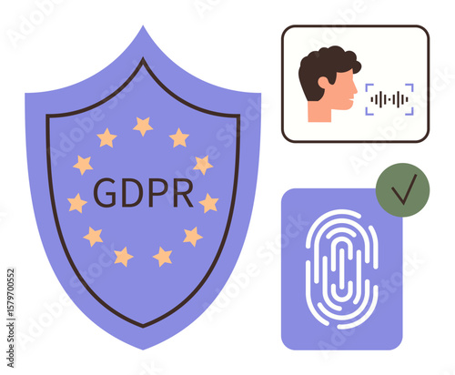 Shield with GDPR text, face recognition panel, fingerprint icon, checkmark. Ideal for security, privacy, biometrics, compliance data protection IT policies legal topics. Simple flat metaphor