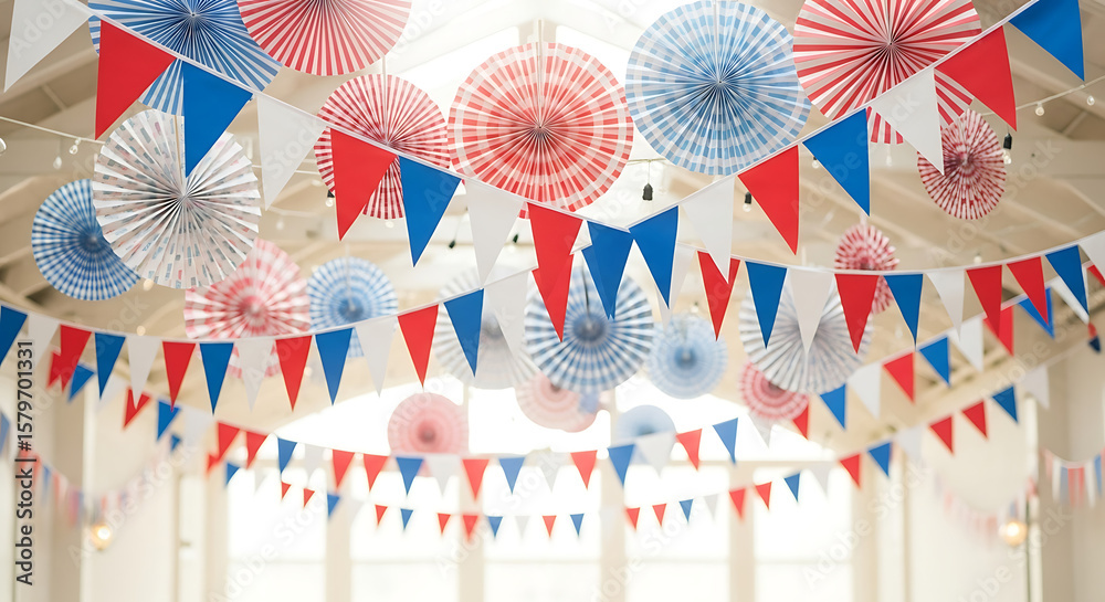 Obraz premium Festive red, white, and blue paper decorations hang from a high ceiling, creating a celebratory atmosphere.