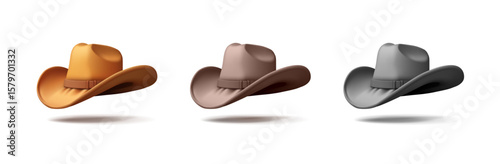 Set of colored cowboy hats, 3D. Cool cowboy outfit, symbol of Texas, bravery, strength, courage. Graphic elements. Vector illustration.