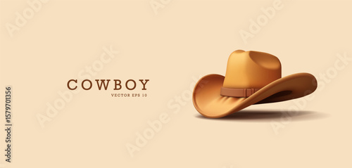 3D Cowboy hat. Cowboy headdress. Realistic hat. Modern banner. Vector illustration.
