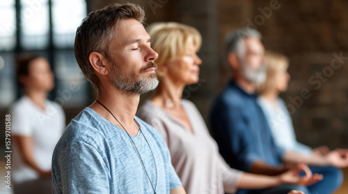Group of seniors practicing meditation class sitting with eyes closed relaxed and peaceful indoor setting with natural light mindfulness mental health wellness calmness concentration elderly