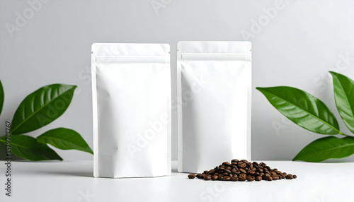 White Coffee Bags Mockup with Coffee Beans and Green Leaves