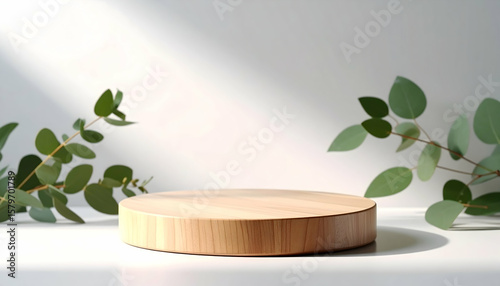 Round Wooden Podium with Eucalyptus Branches on White Background