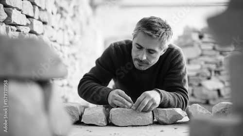 Focused man carefully arranges stones on work surface outdoors, showing concentration and craftsmanship in rustic setting, with stone wall in background