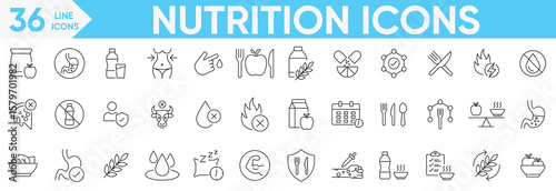 Nutrition icon Vector and illustrator set.meal planning, vegetables, fruits, calories, zero trans fat, water, dietary fiber, protein, Palm oil free, vitamins, healthy fats and more.