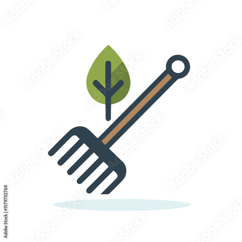 Rake tool flat icon with green leaf – gardening and eco farming illustration