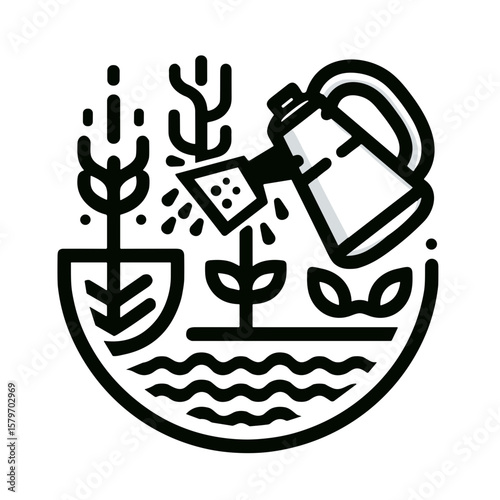 Black line icon of watering can and growing crops with water and soil, minimalist agriculture and eco farming concept for sustainability and food production