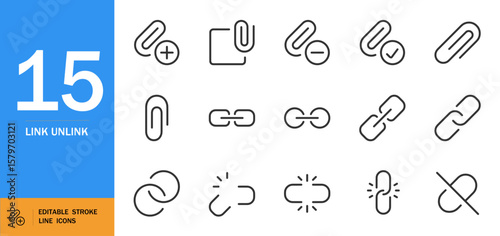 Link unlink icon set. Minimal vector chain symbols. Thin line web icons pack. Includes connection, detach, join, split, attach, bond and more. Editable stroke design.
