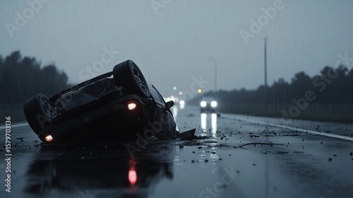 Overturned Car On Rainy Road