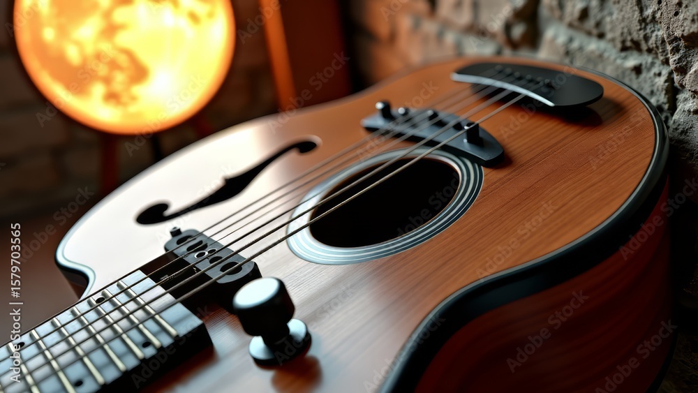 Fototapeta premium Acoustic guitar close-up in music studio