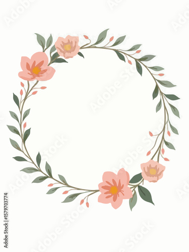 Hand Drawn Floral Wreath Frame with Pink Flowers and Leaves for Wedding or Baby Shower Invitation