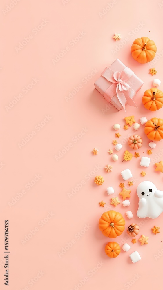Fototapeta premium Festive seasonal design arrangement featuring pumpkins, a gift, sweets and a friendly ghost on a light background