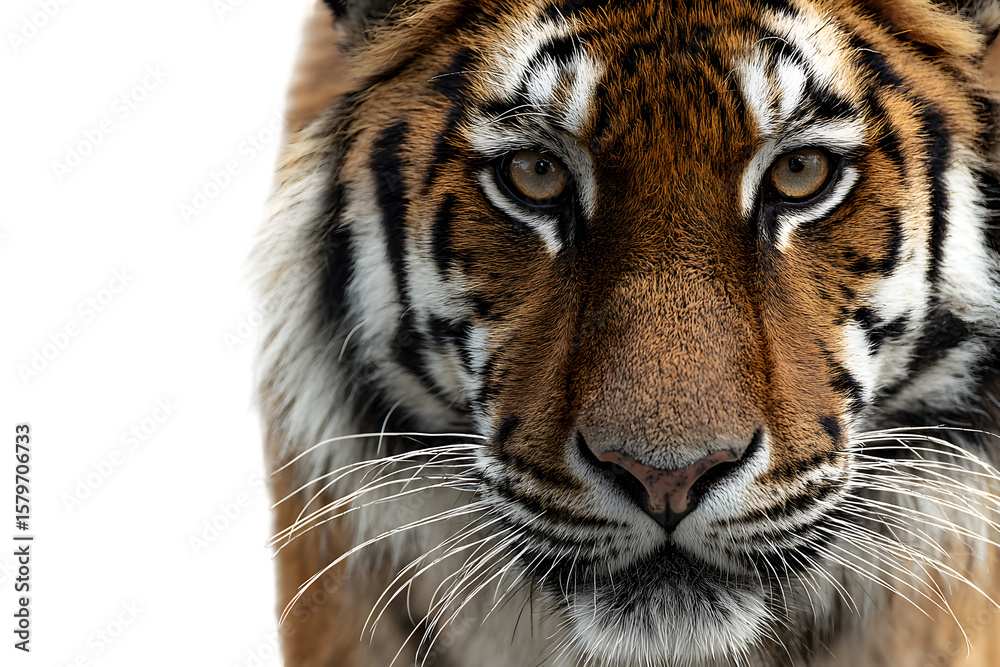 Obraz premium Close-up of tiger face with piercing eyes isolated on transparent background