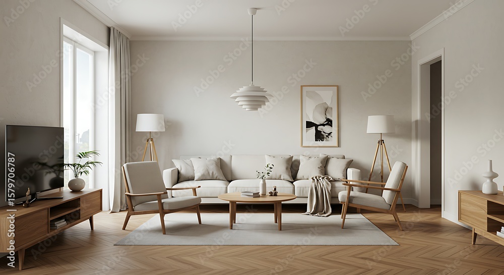 Fototapeta premium A bright, modern living room with neutral tones and minimalist furniture.