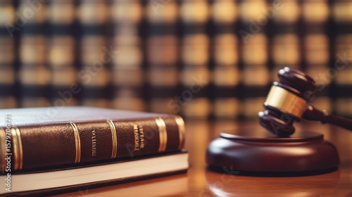 Justice, Law, and Legal Books: Gavel on Wooden Desk