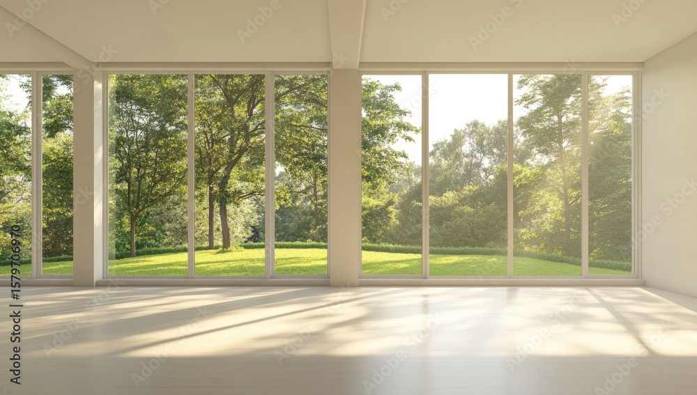 Fototapeta premium Spacious, sunlit room with large windows overlooking a garden