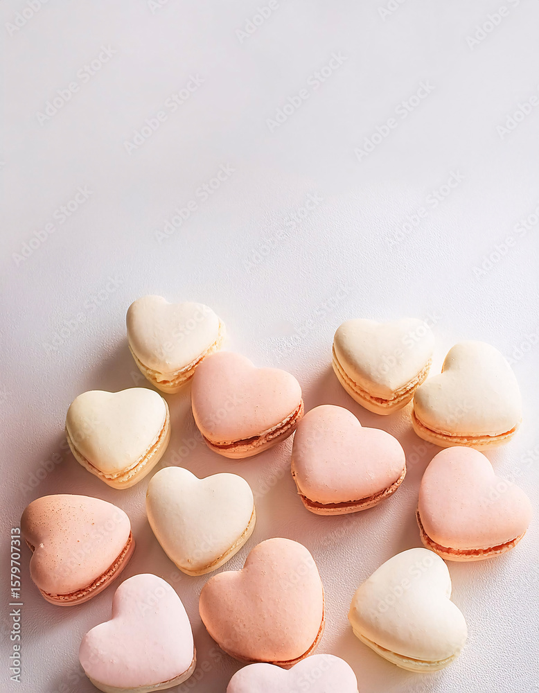 Obraz premium A collection of heart-shaped macarons in shades of pink and cream are beautifully arranged on a light background. Generative AI.