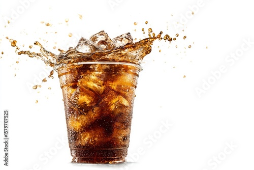 A plastic cup with soda and ice with liquid splashing out against a white background