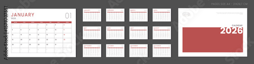 2026 Calendar Planner Set of Template Monthly Page with Note and cover with Place for Photo, Company Logo. Vector grid layout of wall or desk organizer with week start Sunday for print. Pages size A4