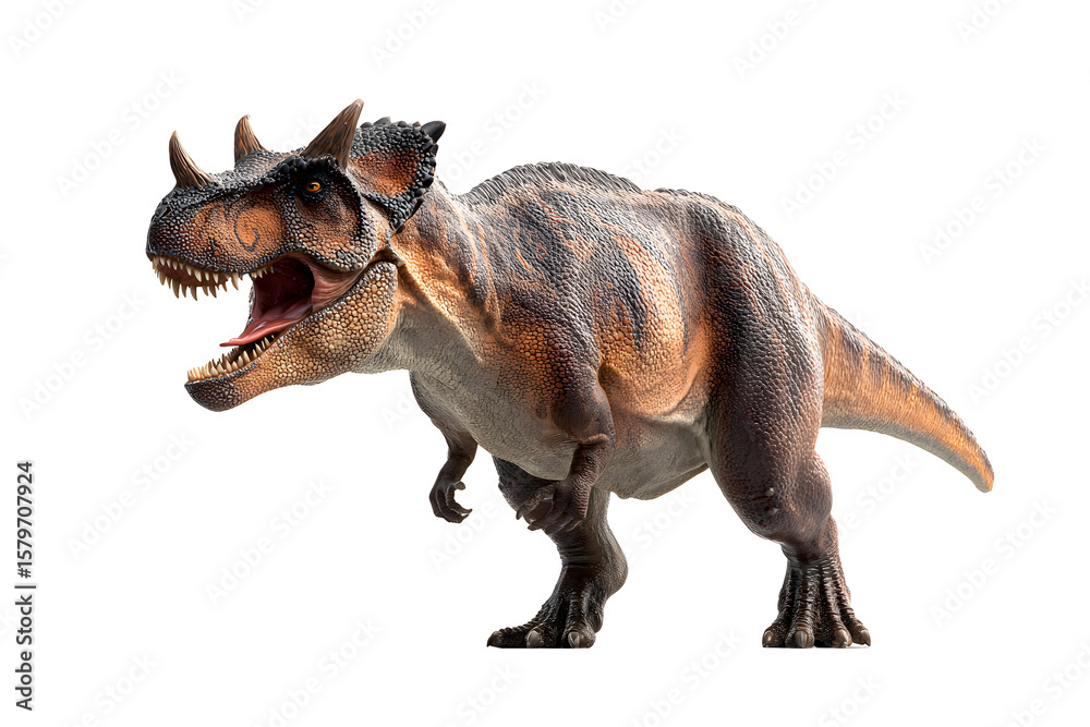 Obraz premium Realistic 3D model of a triceratops dinosaur with detailed textures and fierce expression, isolated on transparent background