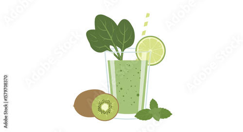 Green smoothie with kiwi, spinach, lime and mint illustration