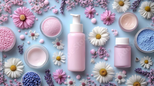 Assorted beauty products arranged on a light blue background with flowers.